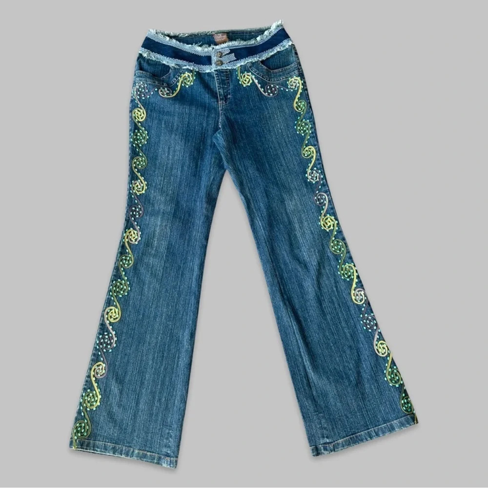 Vintage Chagall Embroidery Embellished Bootcut Jeans